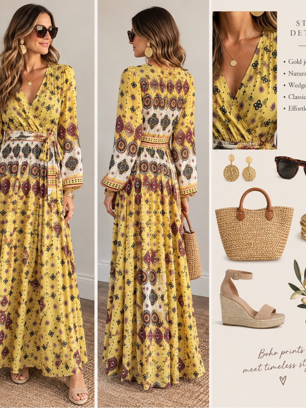Yellow Boho Wrap Maxi Dress with Printed Pattern